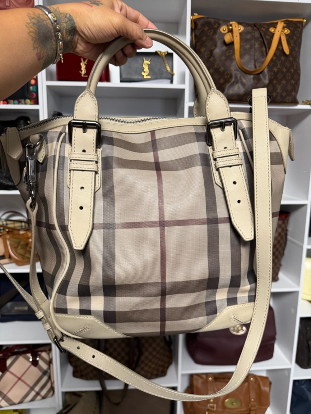 Burberry Beige Nova Check Convertible Leather Shoulder Bag